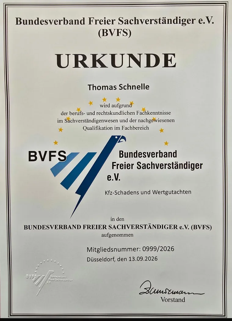 Urkunde Bundesverband Freier Sachverständiger e.V. (BVFS) für Thomas Schnelle